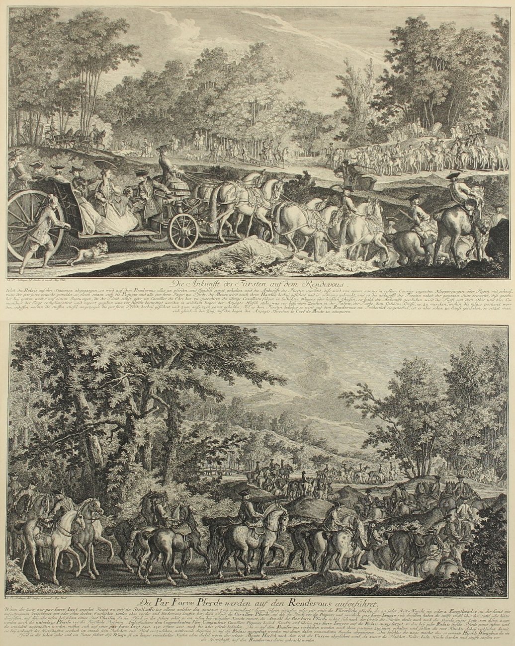 RIDINGER, Johann Elias, "Ankunft des Fürsten" und "Die Par Force Pferde", zwei Stiche, 30 x 46,