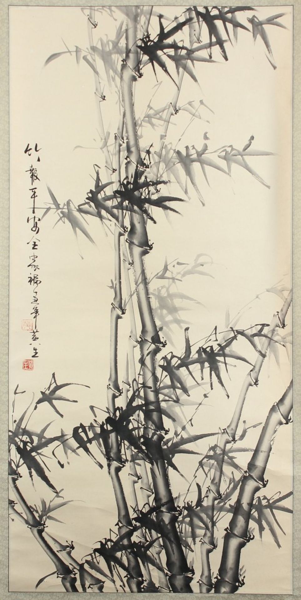 HÄNGEROLLE, Tusche auf Papier, "Bambus", Aufschrift und Siegel, 128 x 62, traditionell montiert,