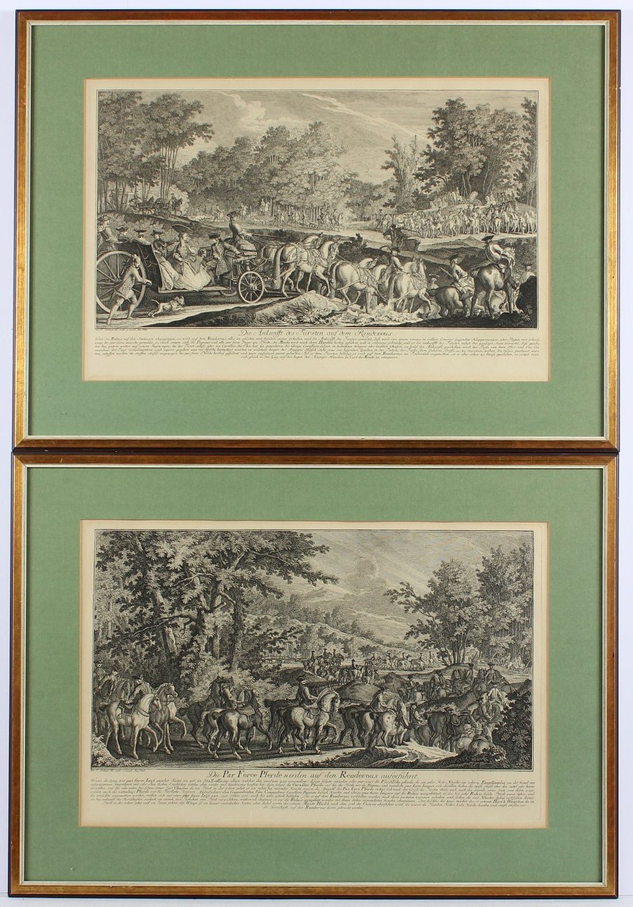 RIDINGER, Johann Elias, "Ankunft des Fürsten" und "Die Par Force Pferde", zwei Stiche, 30 x 46, - Image 2 of 2