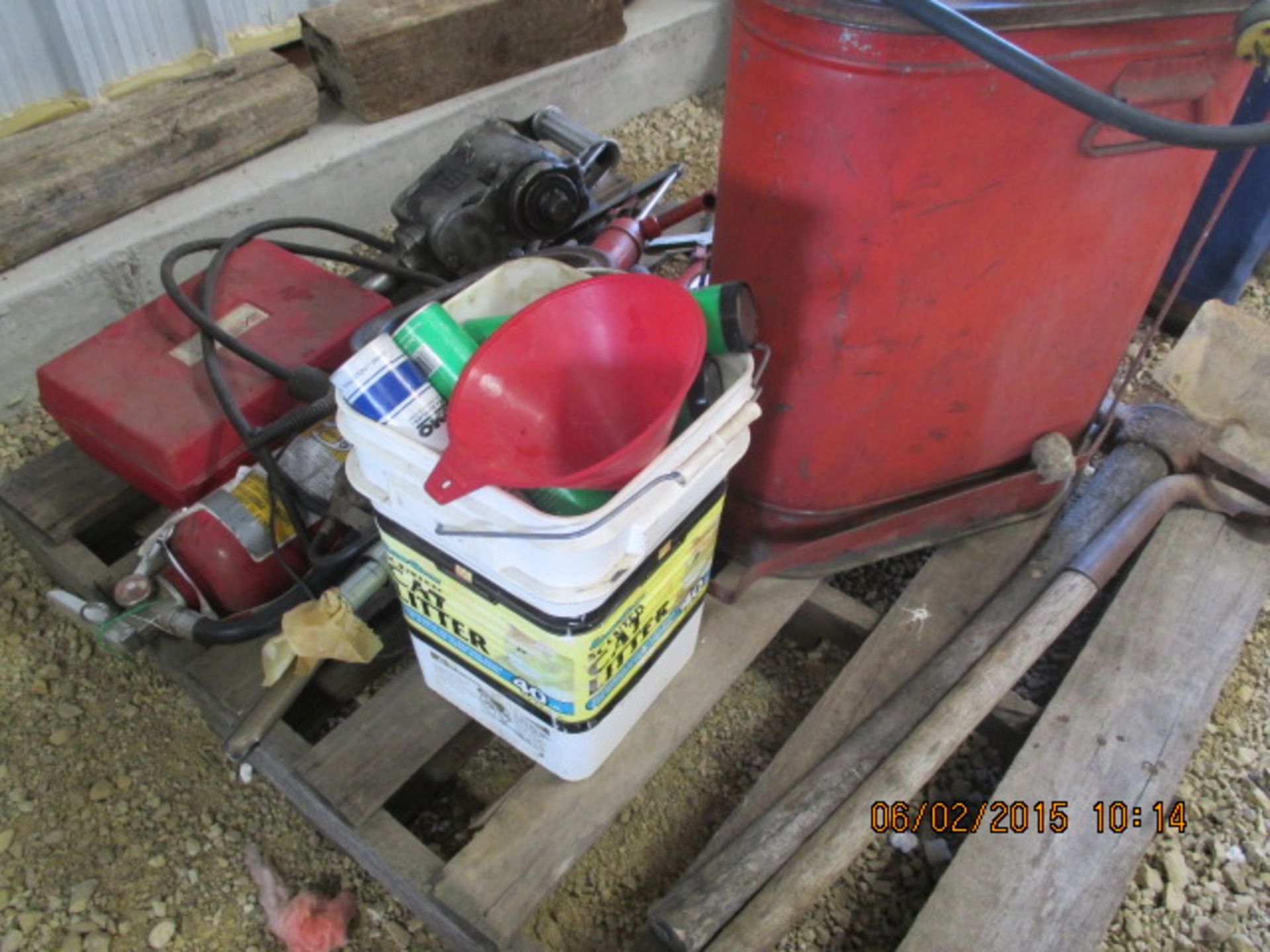 Pallet w/metal rag storage container, barrel pumps, HD drill, misc - Image 2 of 2