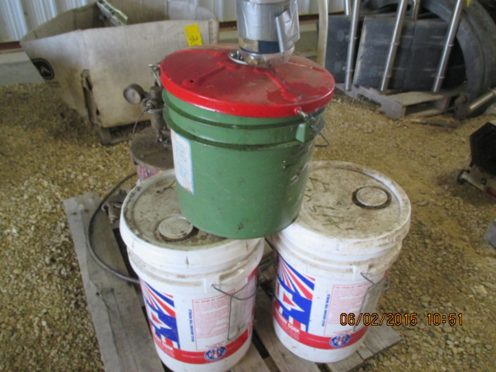 Pallet w/paint pump, tire, goop, pump, (2) pails, TRC - Image 2 of 3