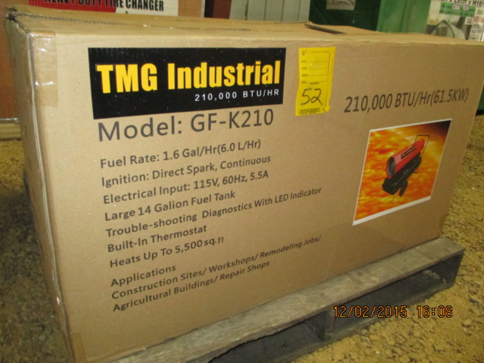 (2) TMG Industrial 210,000 BTU Model GF-K210 heaters (unused) - choice