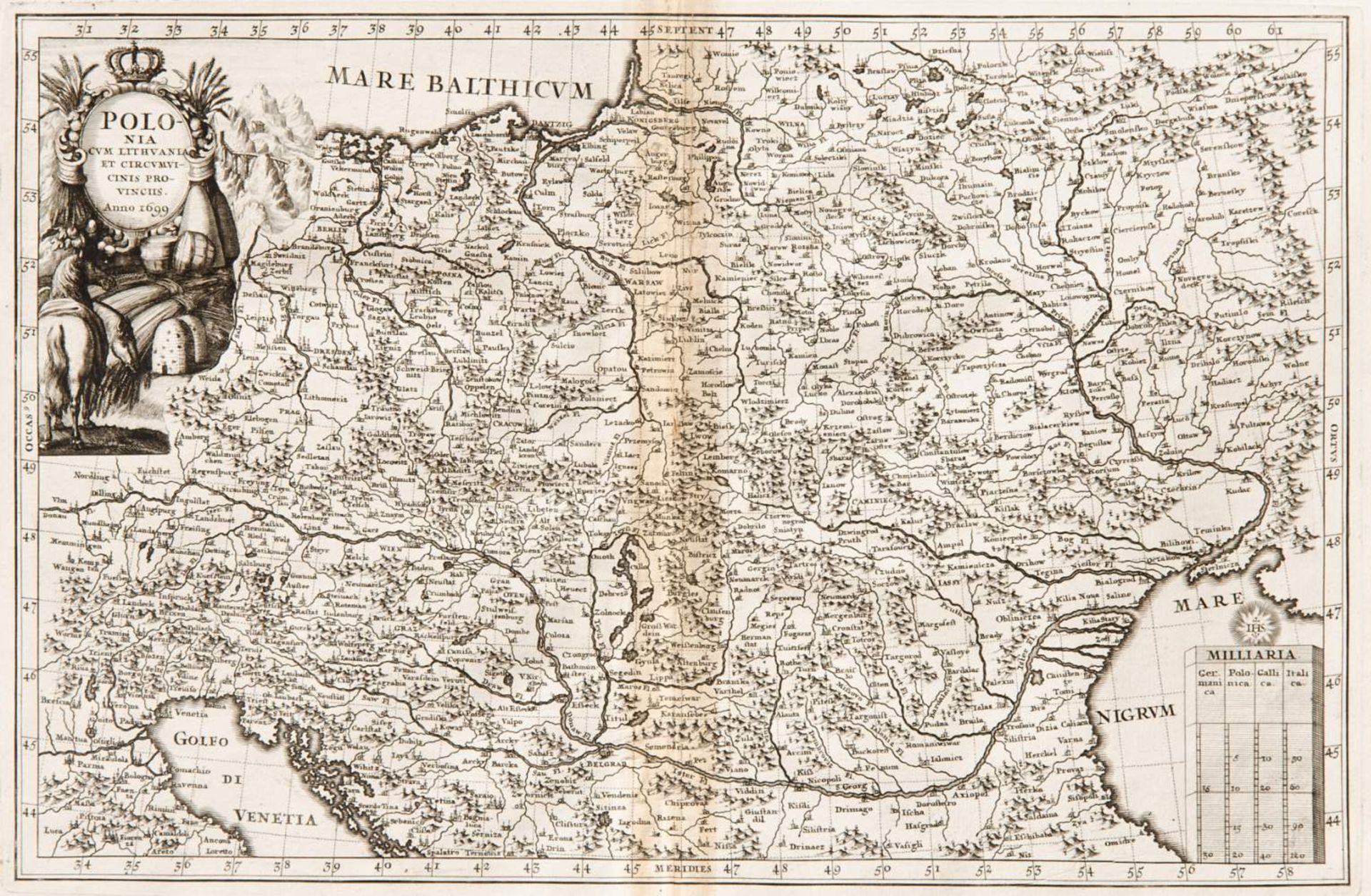 Polen -
"Polonia cum Lithuania et circumvicinis
provinciis. Anno 1699". Kupferstichkarte mit