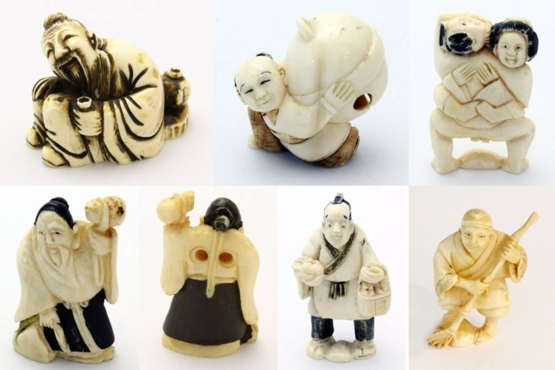 Netsuke 7 Stk. - Japan 19. Jh.  u.a. Elfenbeinfigur eines Mannes, am Boden sitzend mit Teekanne