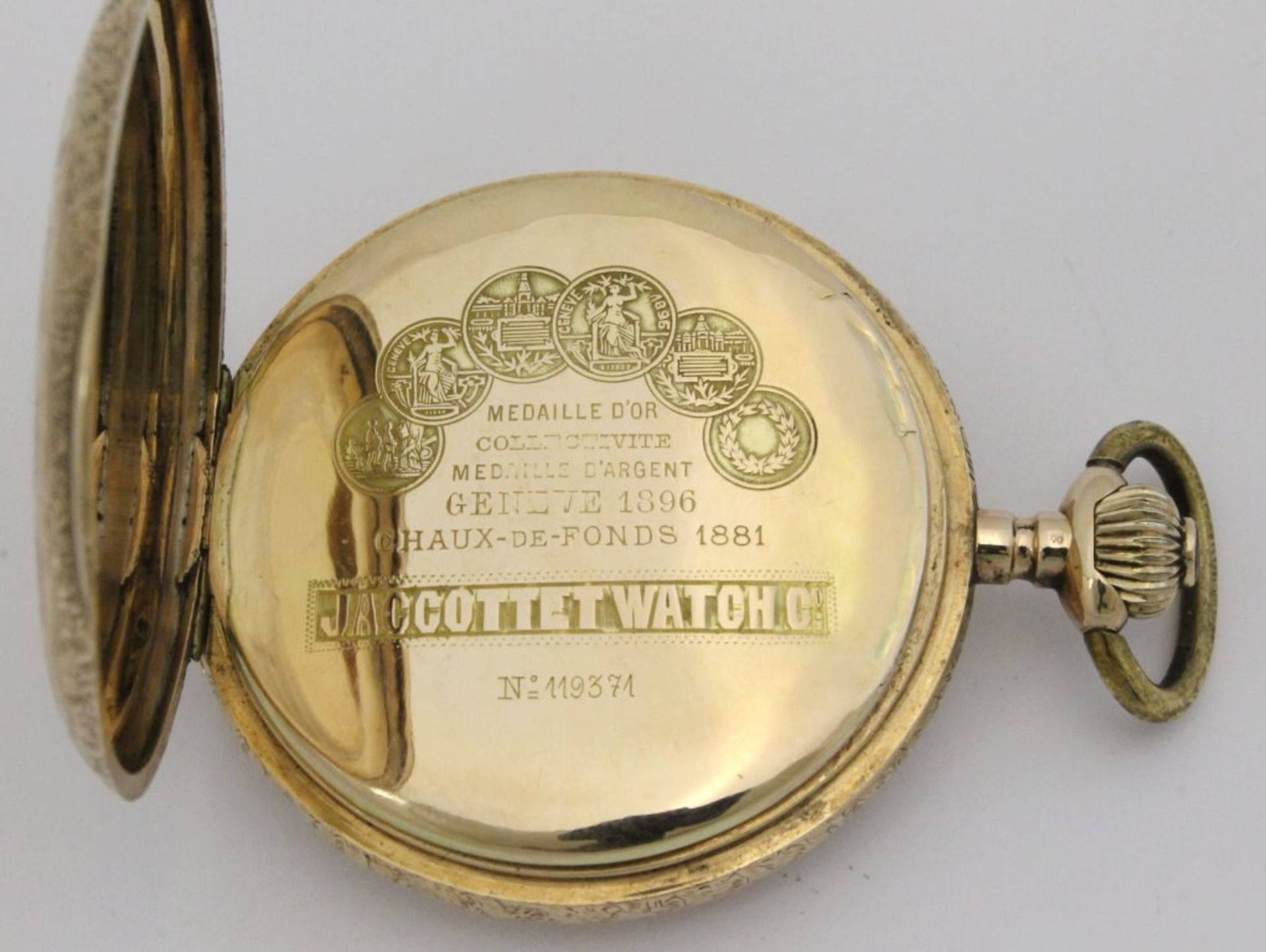 Goldene Taschenuhr / Savonette Jaccotte Watch Co.Vergoldetes, 17steiniges Messingplatinenwerk mit - Bild 4 aus 5