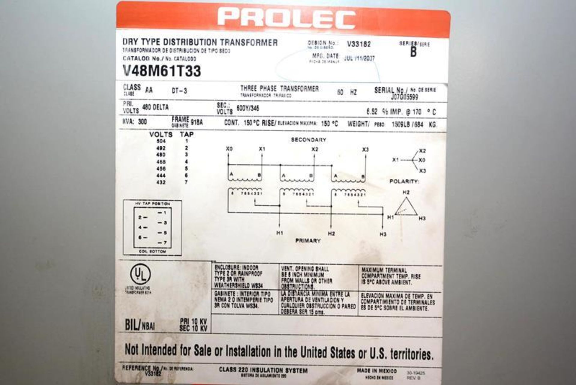 Transformer, Voltage trasnformer. Brand: Prolec Clase AA DT-3. Model: V33182. Year: N/A. Serial - Image 10 of 13