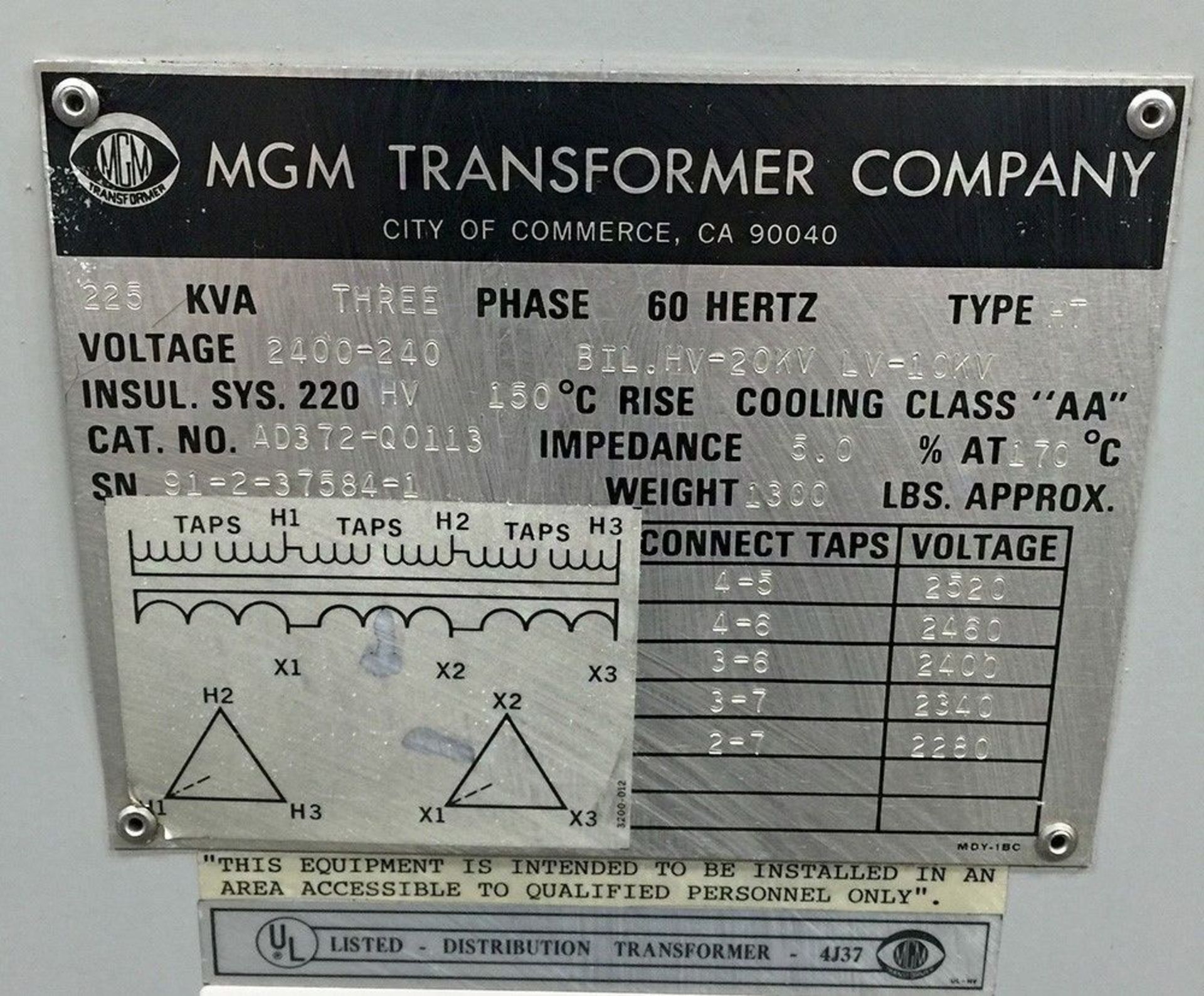 MGM HEAVY DUTY 225 KVA THREE PHASE INDOOR TYPE TRANSFORMER - Image 2 of 2