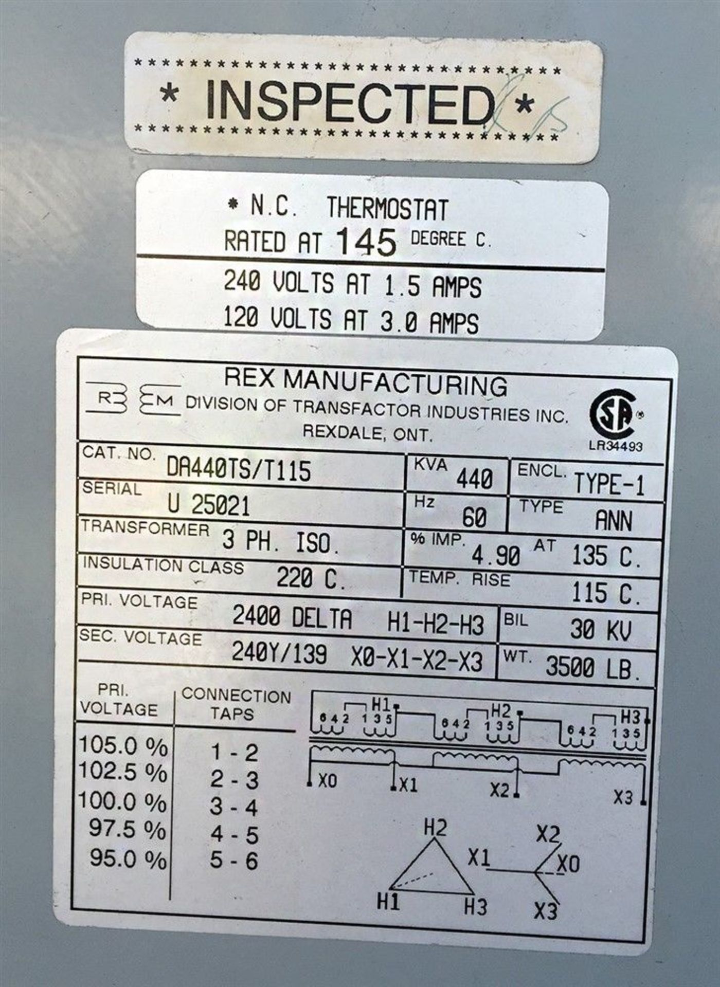 REX MANUFACTURING HEAVY DUTY 440 KVA THREE PHASE TRANSFORMER - Image 2 of 3