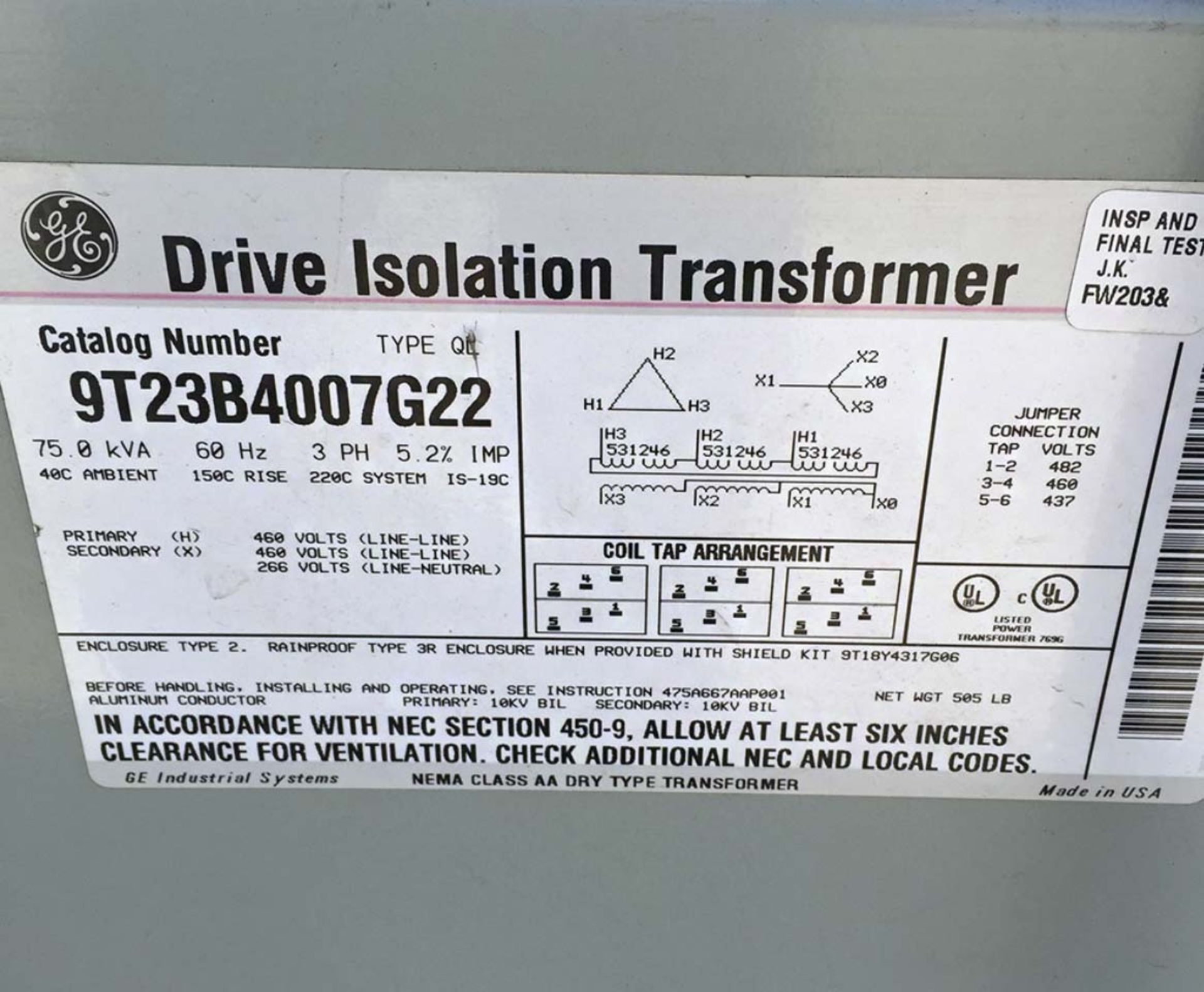 GE 75 KVA DRIVE ISOLATION TRANSFORMER 3 PHASE - Image 2 of 2
