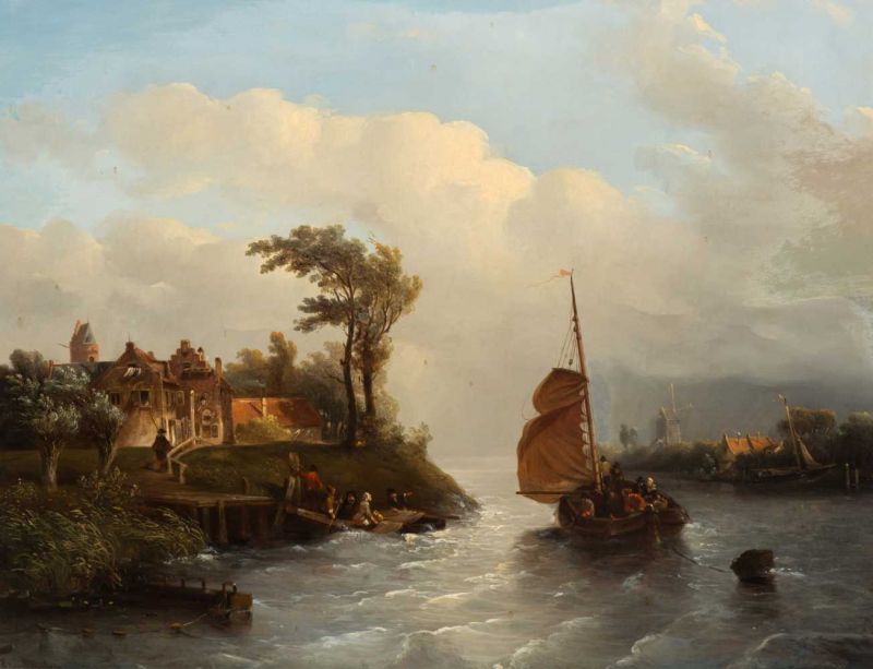 Salomon Leonardus Verveer (The Hague 1813 - 1876) Dutch riverview with figures in boats in windy