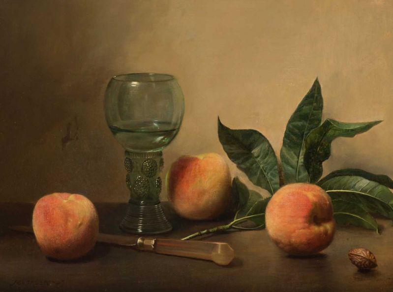 Jan Eversen (The Hague 1906 - Arnhem 1995) Still life with a rummer, a knife and three peaches