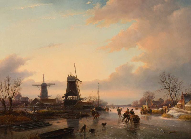 Jan Jacob Spohler (Nederhorst den Berg 1811 - Amsterdam 1866) Merriment by the mill with skaters