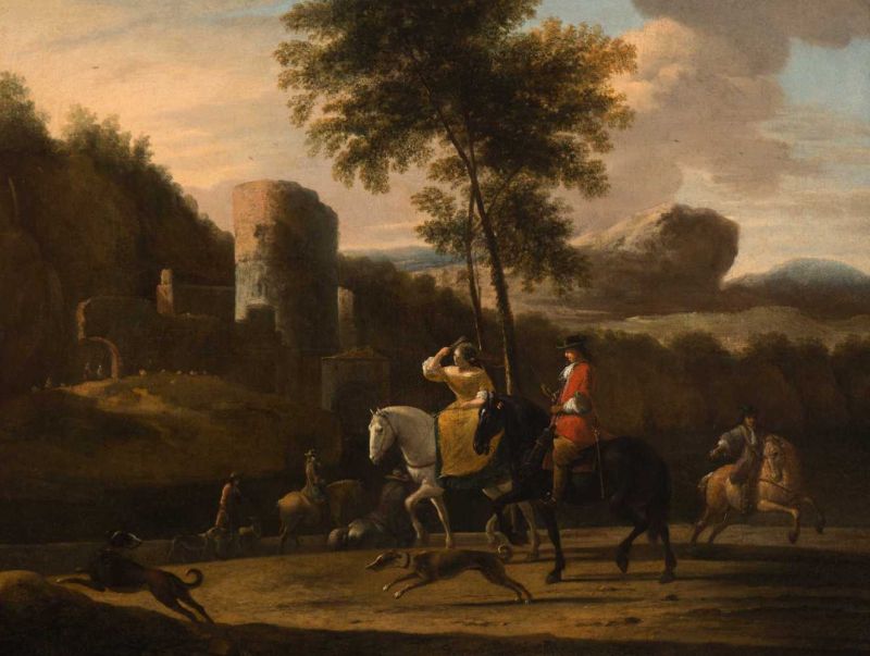 Gerrit Berckheyde (Haarlem 1638 - 1698) Elegant company on horseback with a ruin in the background