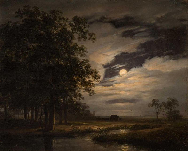 Andreas Schelfhout (The Hague 1787 - 1870) Moonlit landscape Signed l.l. Oil on panel, 18.6 x 22.7