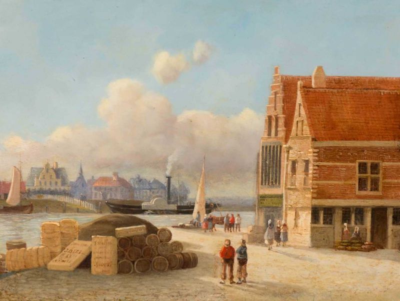 Joseph Bles (The Hague 1825 - 1875) Activity on the quay in Antwerp Signed l.l. Oil on panel, 22 x