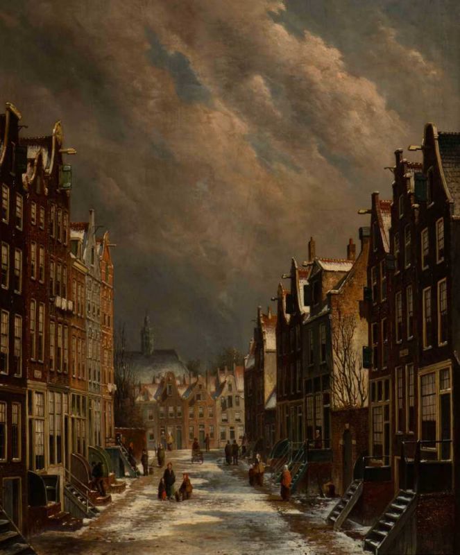 Oene Romkes de Jongh (Makkum 1812 - Amsterdam 1896) A snow covered street in winter Signed l.r. Oil