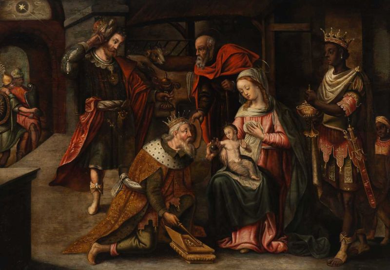 Antwerp School (Circa 1620) Adoration of the kings With panel mark of Antwerp on the reverse Oil on