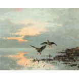 Jo Schrijnder (Druten 1894 - Amstelveen 1968) Geese by a lake at dusk Signed l.r. Oil on canvas,