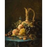 Joh. Reijers (19th/20th century) Still life with decorative pitcher, crystal, peaches, grapes, pear