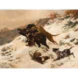 Carl Friedrich Deiker (Wetzlar 1836 - Düsseldorf 1892) Winter landscape with hounds and boar Signed