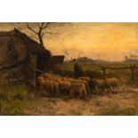 Fedor van Kregten (Diever 1871 - The Hague 1937) Sheep with shepherd by the pen Signed l.r. Oil on