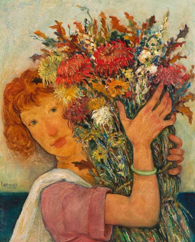 Nico Eekman (Brussels 1889 - Paris 1973) Fille de fleurs Signed l.l. Oil on board, 26.8 x 22 cm