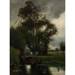 Jan Hendrik Weissenbruch (The Hague 1824 - 1903) Dutch polder landscape with a cow by the water