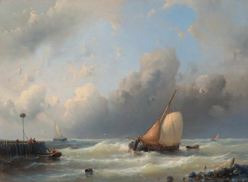 Abraham Hulk I (London 1813 - Zevenaar 1897) Entering beurtvaart ships near a pier Signed l.l. Oil