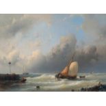 Abraham Hulk I (London 1813 - Zevenaar 1897) Entering beurtvaart ships near a pier Signed l.l. Oil