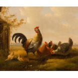 Albertus Verhoesen (Utrecht 1806 - 1881) a) A rooster at guard Signed and dated 1853 l.l. Oil on