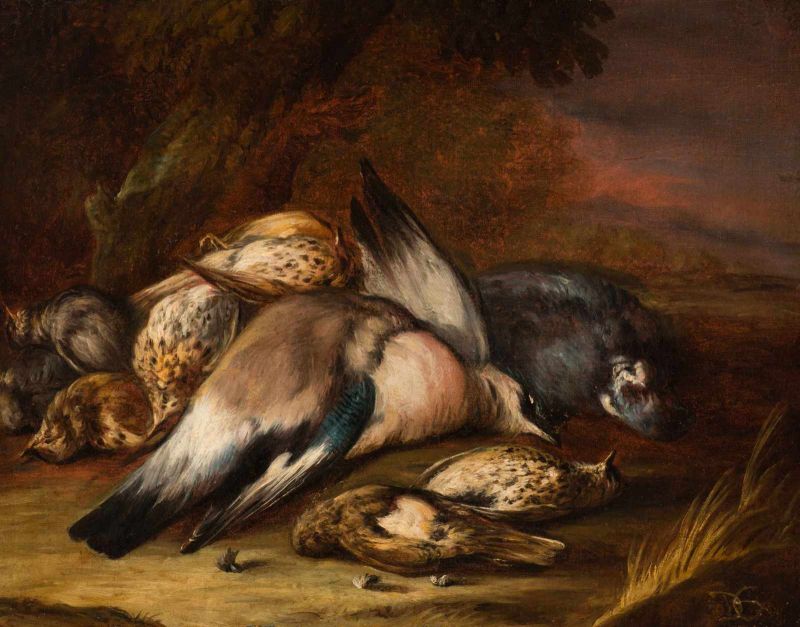 Attributed to Baldassare de Caro (Naples 1689 - 1750) Hunting trophy of songbirds in a wooded