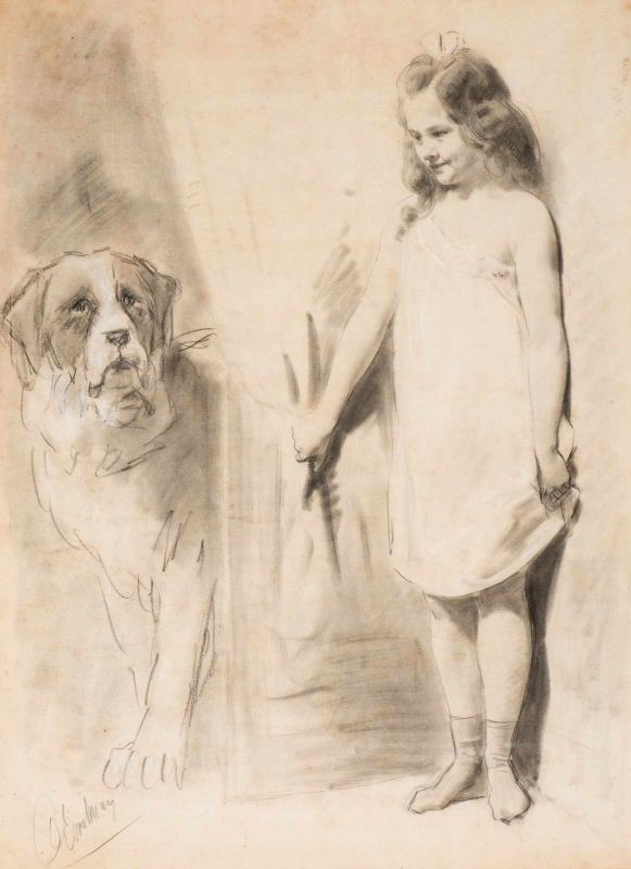 Otto Eerelman (Groningen 1839 - 1926) Young girl with Saint Bernard Signed l.l. Black crayon with