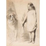 Otto Eerelman (Groningen 1839 - 1926) Young girl with Saint Bernard Signed l.l. Black crayon with