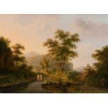 Willem de Klerk (Dordrecht 1800 - 1876) Wooded and hilly landscape with figures on a bridge with