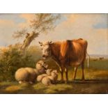 Albertus Verhoesen (Utrecht 1806 - 1881) The cow accompanies the sheep with her lambs Signed and