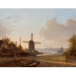 Petrus Marius Brouwer (Voorburg 1819 - Deventer 1886) Dutch river view with mills and shipyard