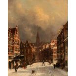 Petrus Gerardus Vertin (The Hague 1819 - 1893) Throwing snowballs on a wintery day in Haarlem