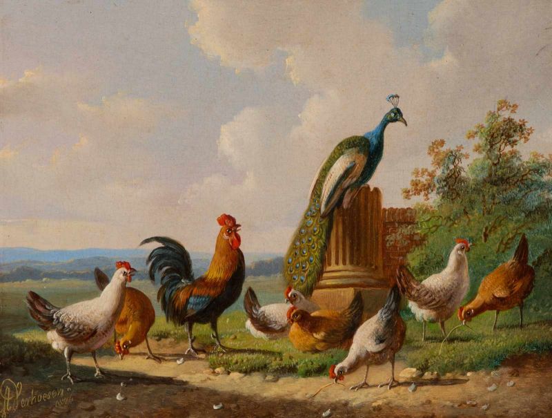 Albertus Verhoesen (Utrecht 1806 - 1881) Chickens and a peacock by a column Signed and dated 1876