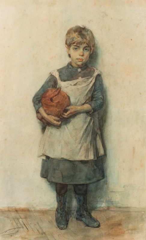 Nicolaas van der Waay (Amsterdam 1855 - 1936) The shy child Signed l.l. Watercolour on paper, 74.1