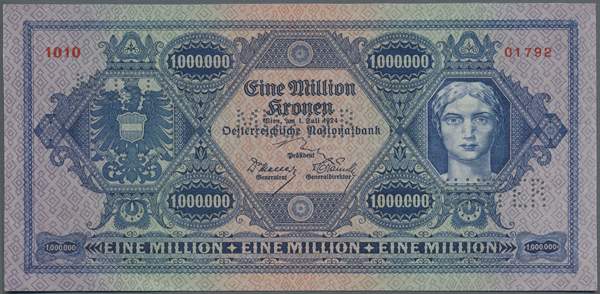 Austria: 1.000.000 Kronen 1924 Specimen P. 86s, a extraordinary rare banknote, only a few pieces