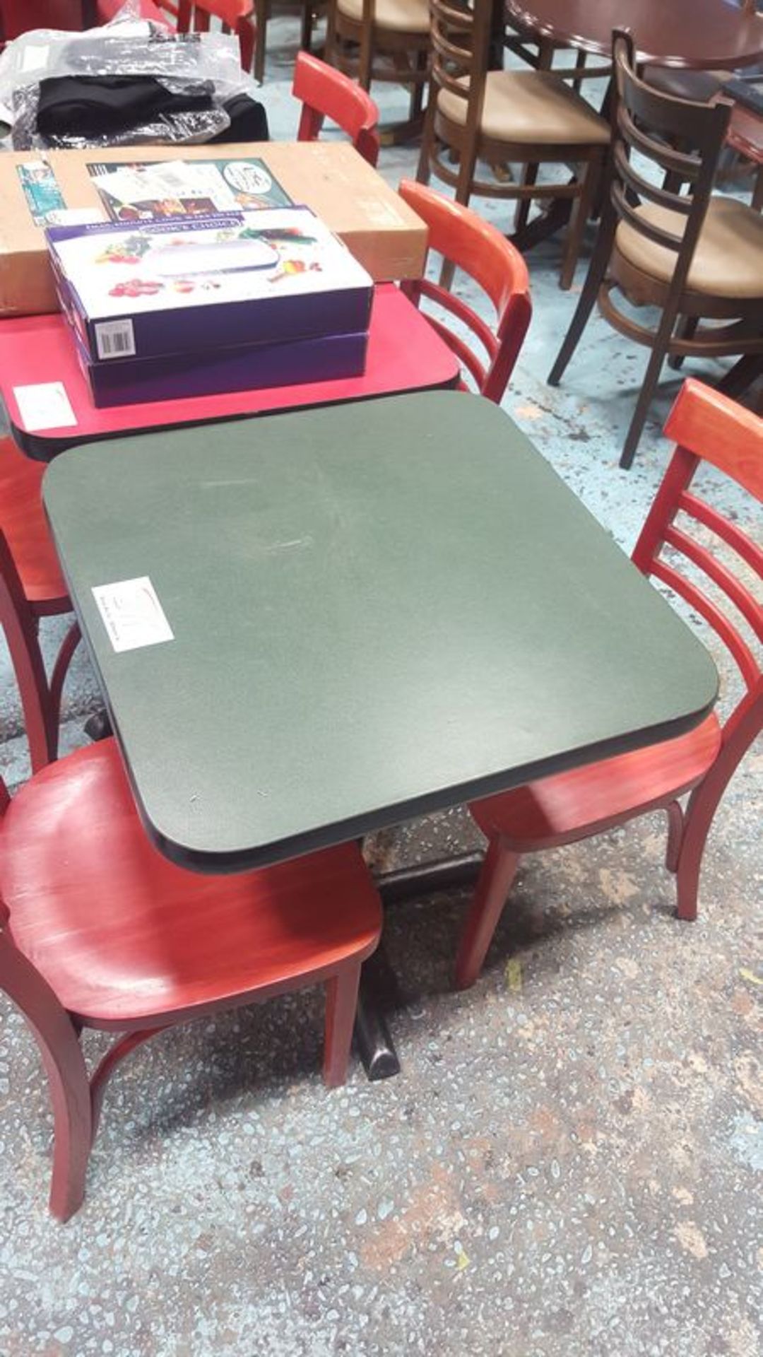 7 - Approx. 24 x 24"  Green top tables with metal bases = Price per table times 7