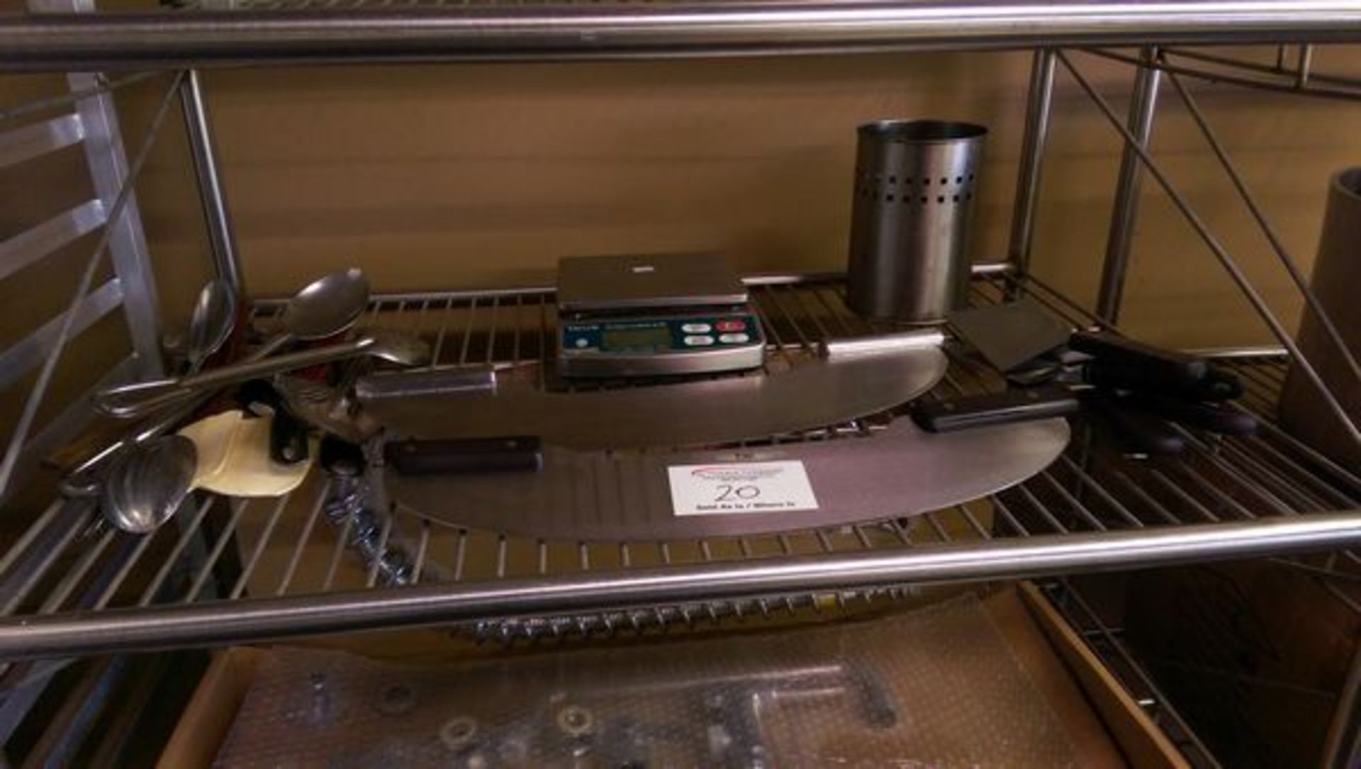 Shelf of Misc. Pizza Equipment incl 2 Pizza Knives, Portion Scale, Ladles etc.