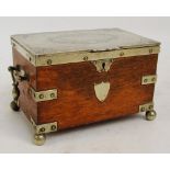 An Edwardian oak twin handled tea caddy with electroplated mounts and hinged lid enclosing two