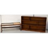 A contemporary multi section hardwood bookcase, length 153cm and a retro tile topped table,