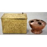 A brass lined wooden coal bin decorated with tavern scenes to the top and front,