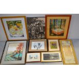 A quantity of Oriental and Eastern art to include silk prints, a watercolour and batik prints.