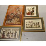 Four Oriental pictures to include a batik print of a Siamese dancer and three semi naked figures