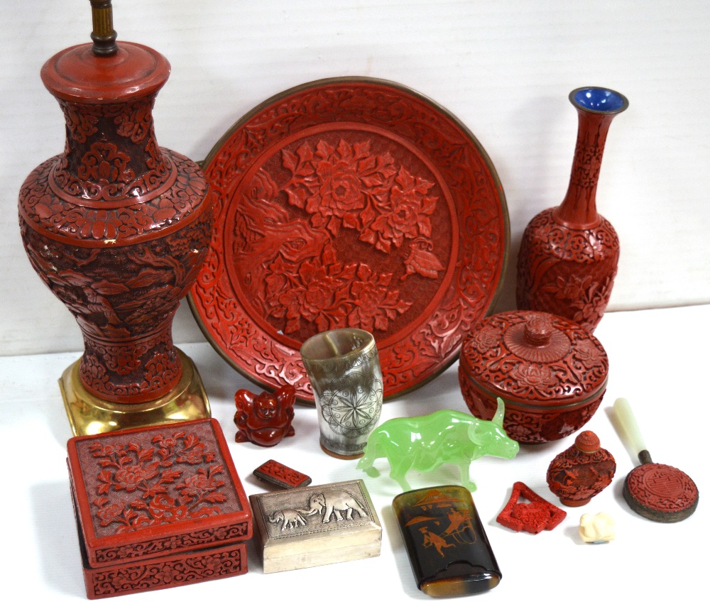 A modern Oriental collectors lot comprising red lacquer items to include a vase, height 23cm,