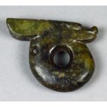 A Chinese stylised dragon head jade ring pendant, length 6cm.