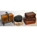 Five small vintage suitcases/vanity cases and a free standing wooden sewing box (6).